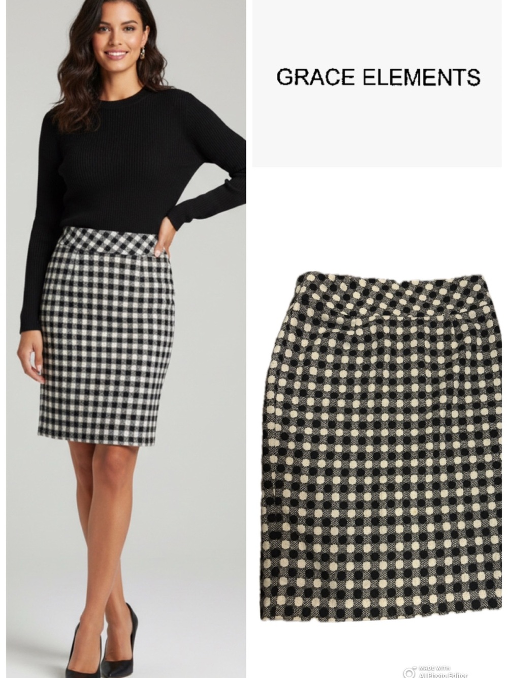 Grace Elements Black and Cream Gingham Pencil Skirt Size 10 EUC!
